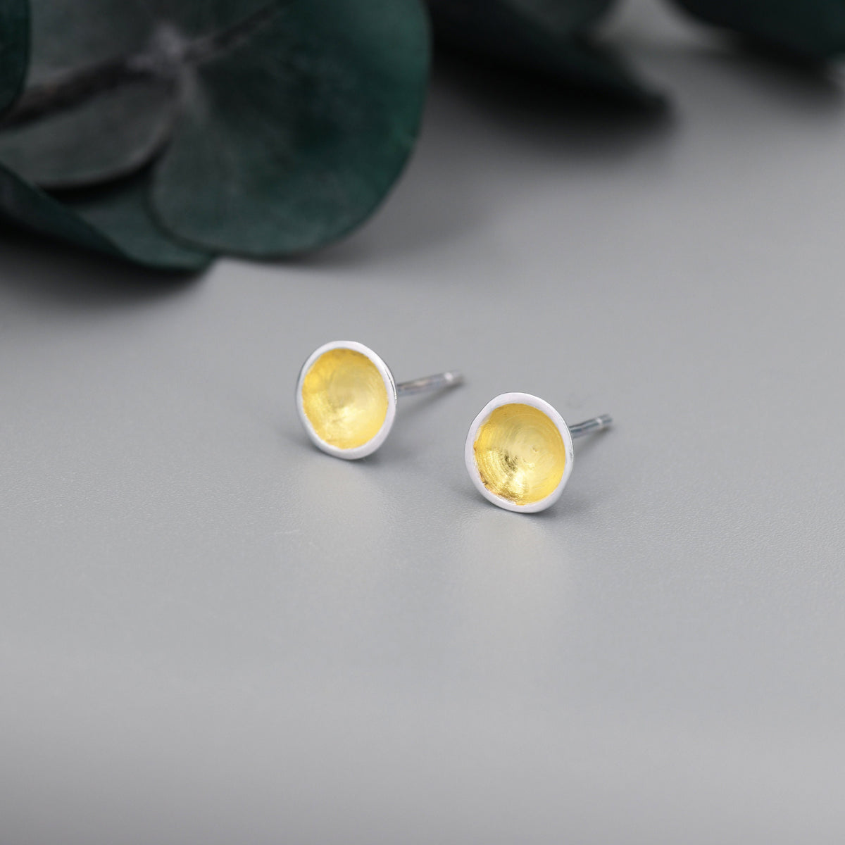 Heart of Gold Little Cup Stud Earrings in Sterling Silver - Geometric Circle Dot Minimalist Design - Plated with 18ct Gold