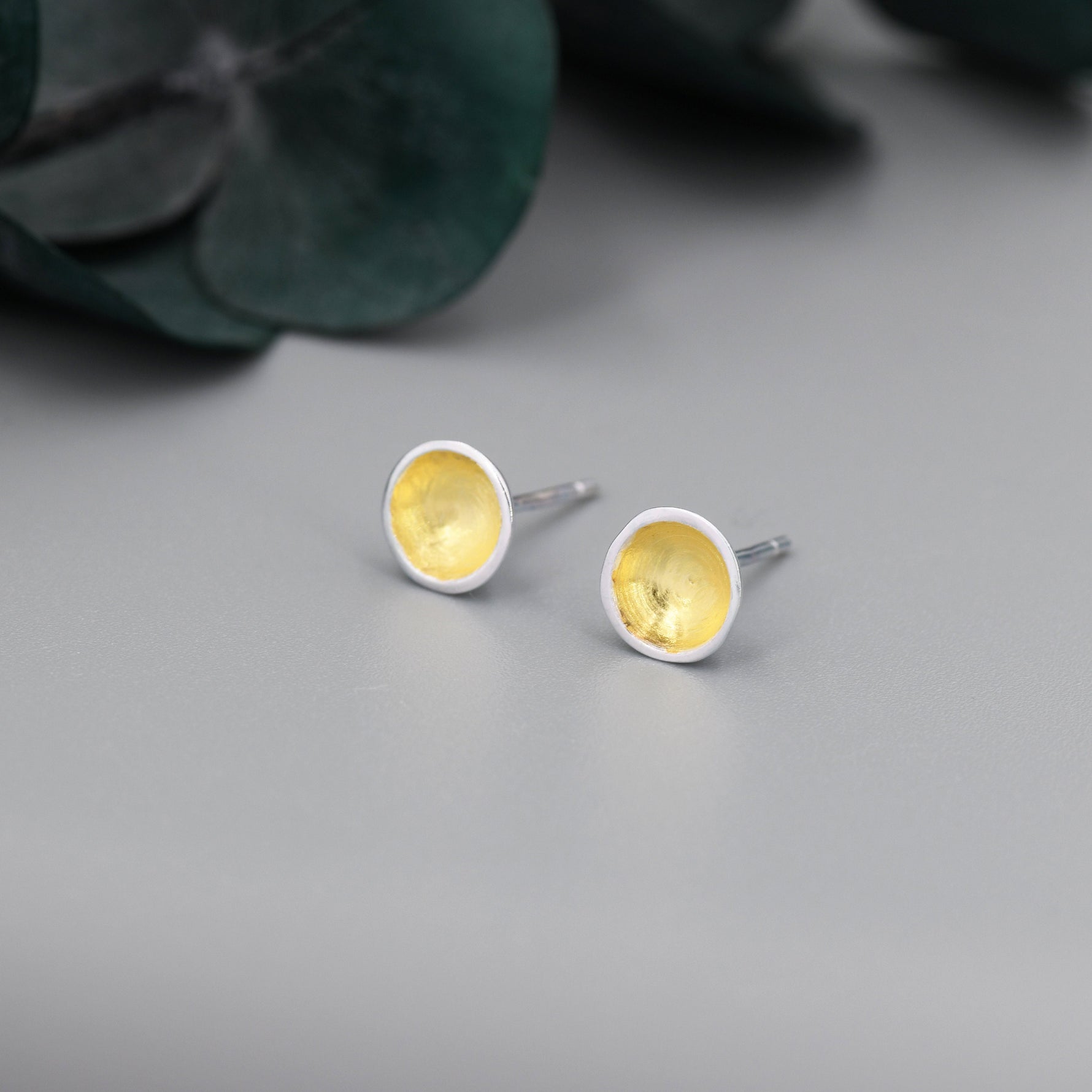 Heart of Gold Little Cup Stud Earrings in Sterling Silver - Geometric Circle Dot Minimalist Design - Plated with 18ct Gold