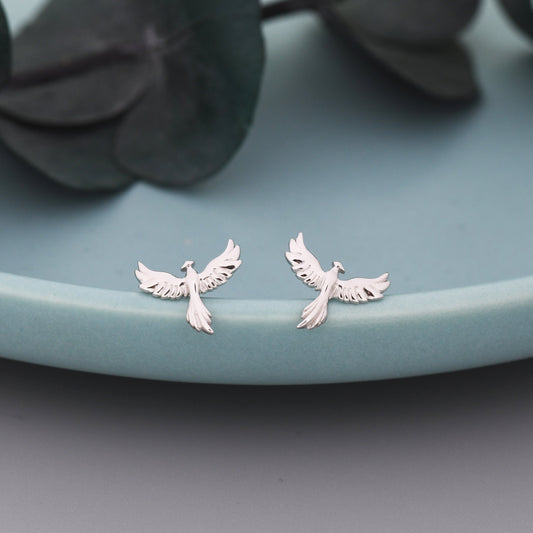 Sterling Silver Phoenix Bird Stud Earrings,  Silver, Gold or Rose Gold,  Dainty Phoenix Earrings