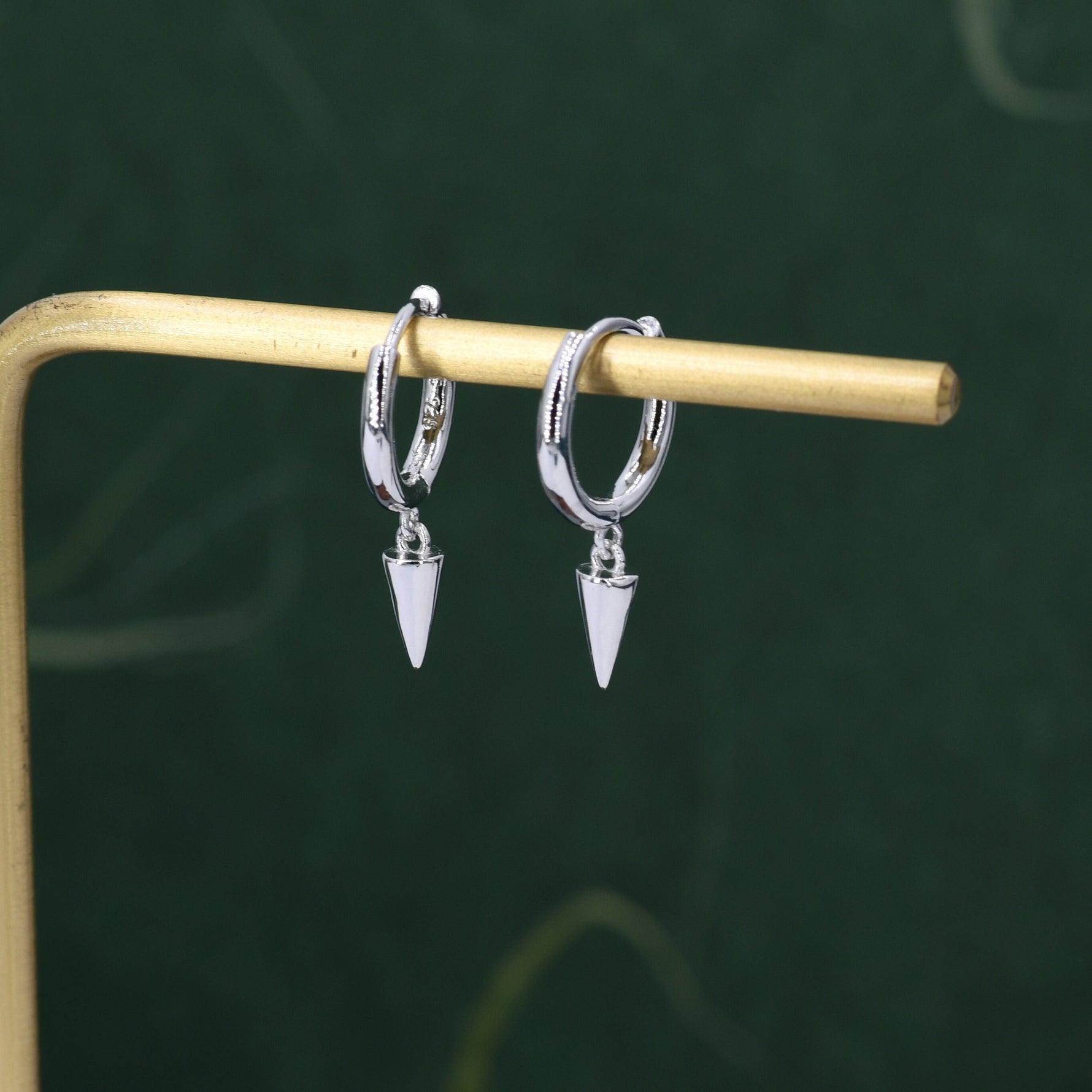 Sterling Silver Tiny Spike Huggie Hoops, Silver or Gold, Small Dangle Cone Spike Hoop Earrings, Geometric Minimalist Earrings