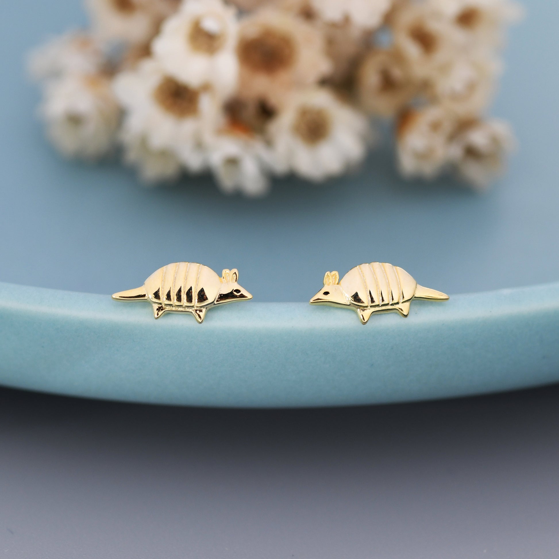 Armadillo Stud Earrings in Sterling Silver, Silver or Gold, Nature Inspired Animal Earrings
