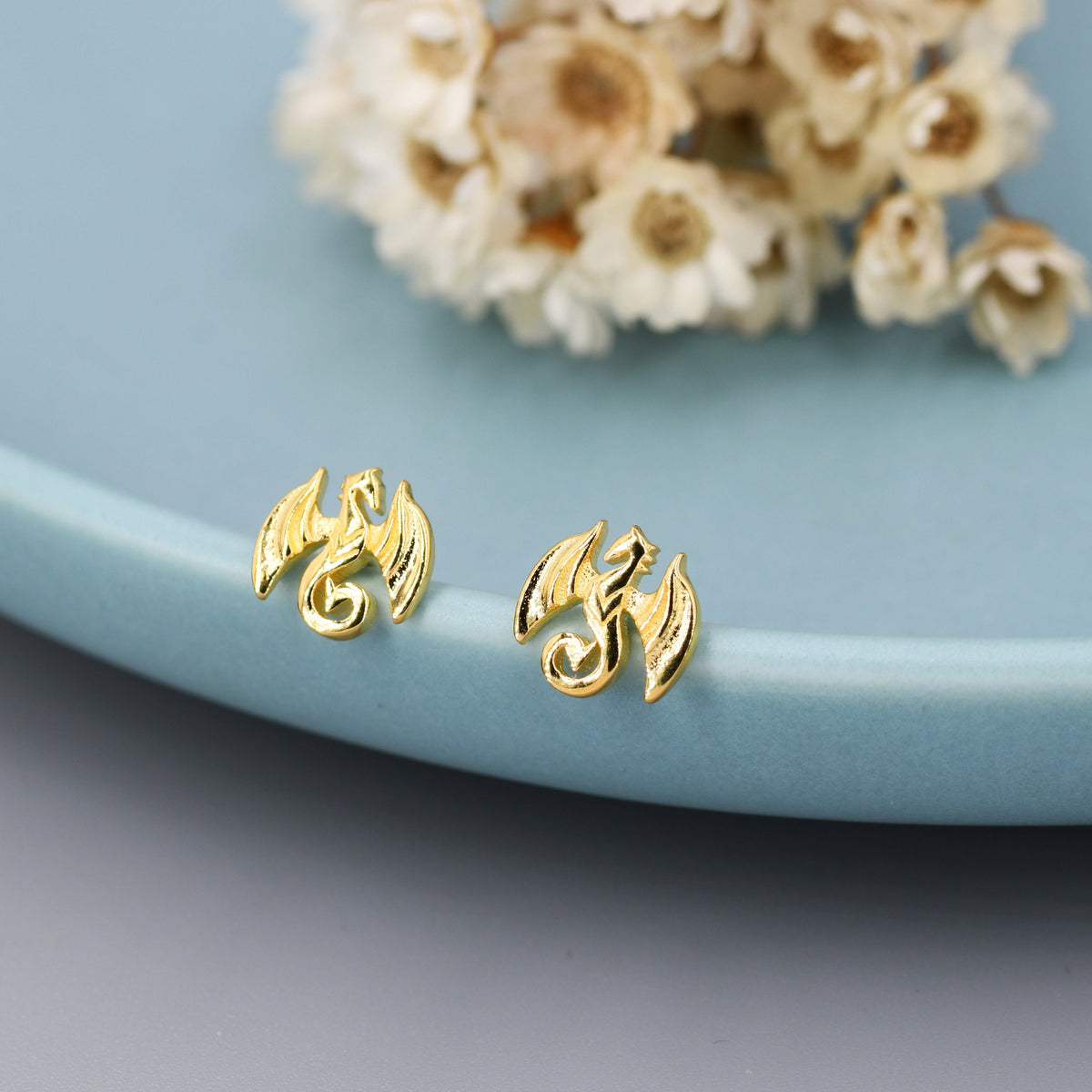 Dragon Stud Earrings in Sterling Silver, Silver or Gold, Nature Inspired Animal Earrings