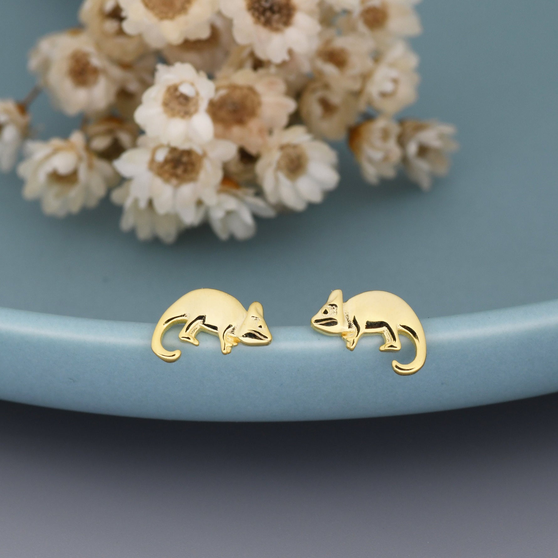 Chameleon Stud Earrings in Sterling Silver, Silver or Gold, Nature Inspired Animal Earrings, Lizard Earrings