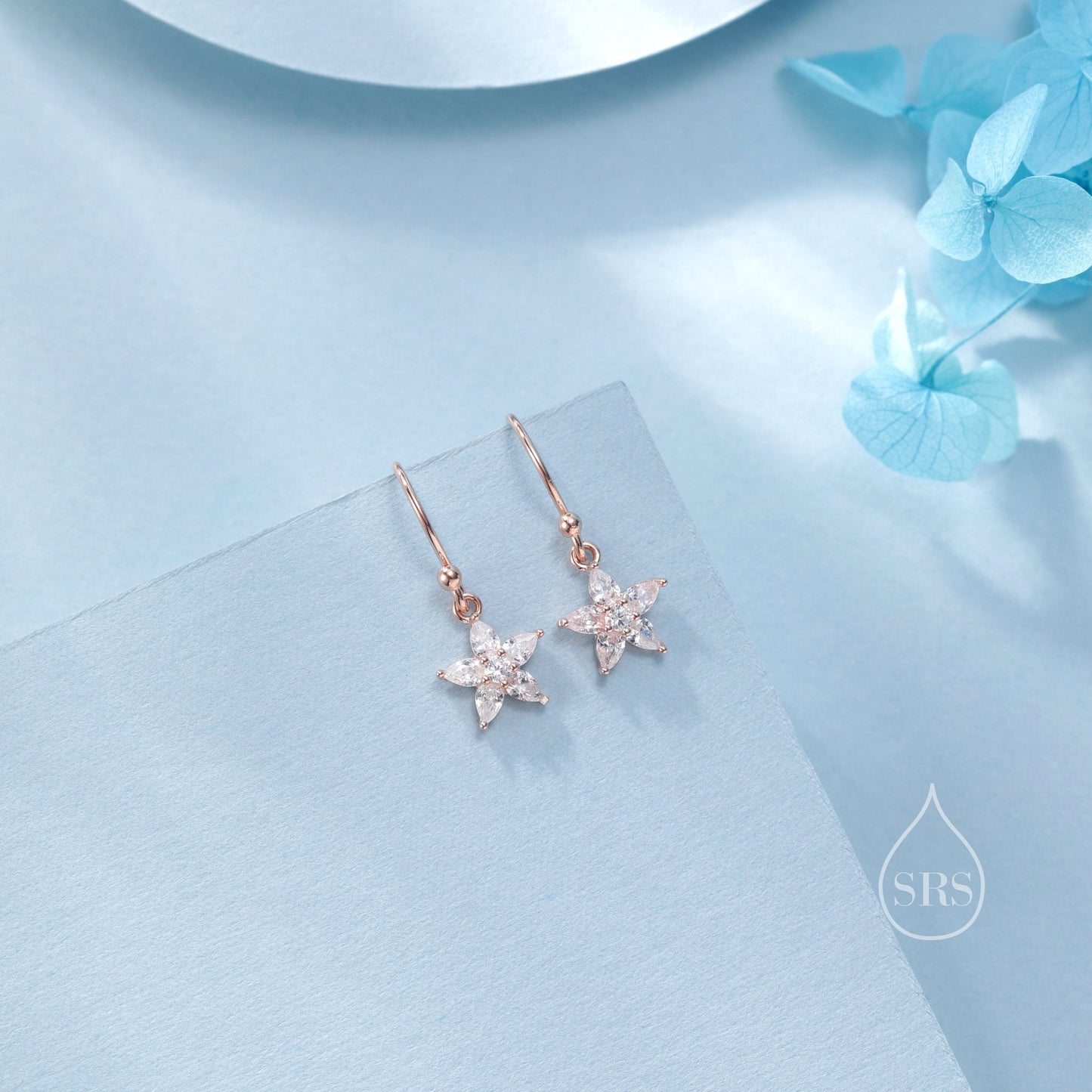 Sterling Silver Dainty CZ Flower Drop Dangle Earrings, Dainty Dangle Daisy Flower Drop Earrings, Silver Forget Me Not Hook Earrings