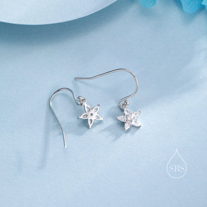 Sterling Silver Dainty CZ Flower Drop Dangle Earrings, Dainty Dangle Daisy Flower Drop Earrings, Silver Forget Me Not Hook Earrings