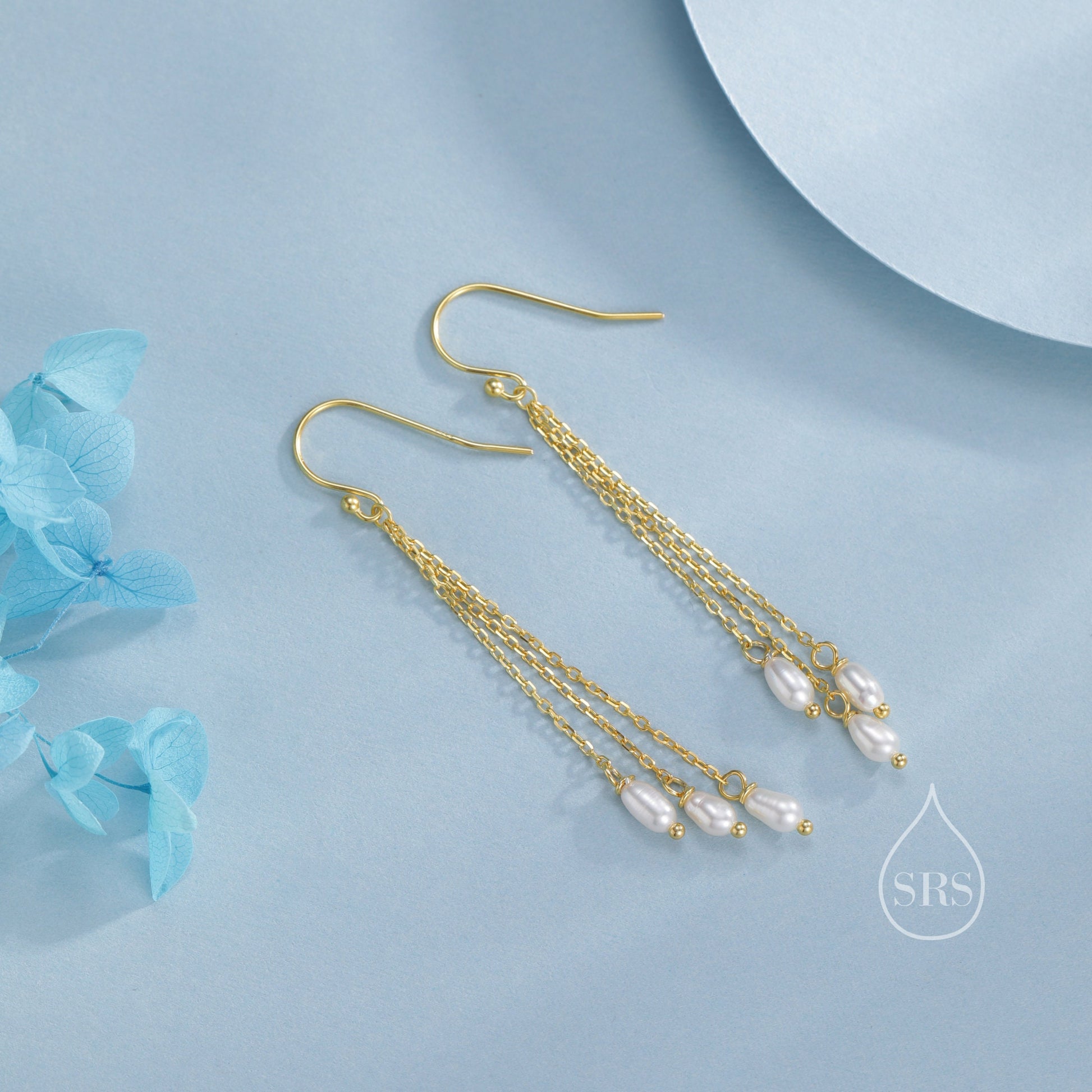 Genuine Freshwater Pearl Drop Earrings in Sterling Silver, Delicate Oval Pearl Cascade Dangle Earrings, Pearl Dangle Earring, Silver or Gold