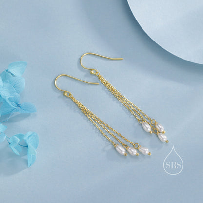 Genuine Freshwater Pearl Drop Earrings in Sterling Silver, Delicate Oval Pearl Cascade Dangle Earrings, Pearl Dangle Earring, Silver or Gold