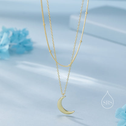 Double Layer Crescent Moon Pendant Necklace in Sterling Silver with a Satellite Chain - New Moon Necklace - Gold or Silver or Rose Gold