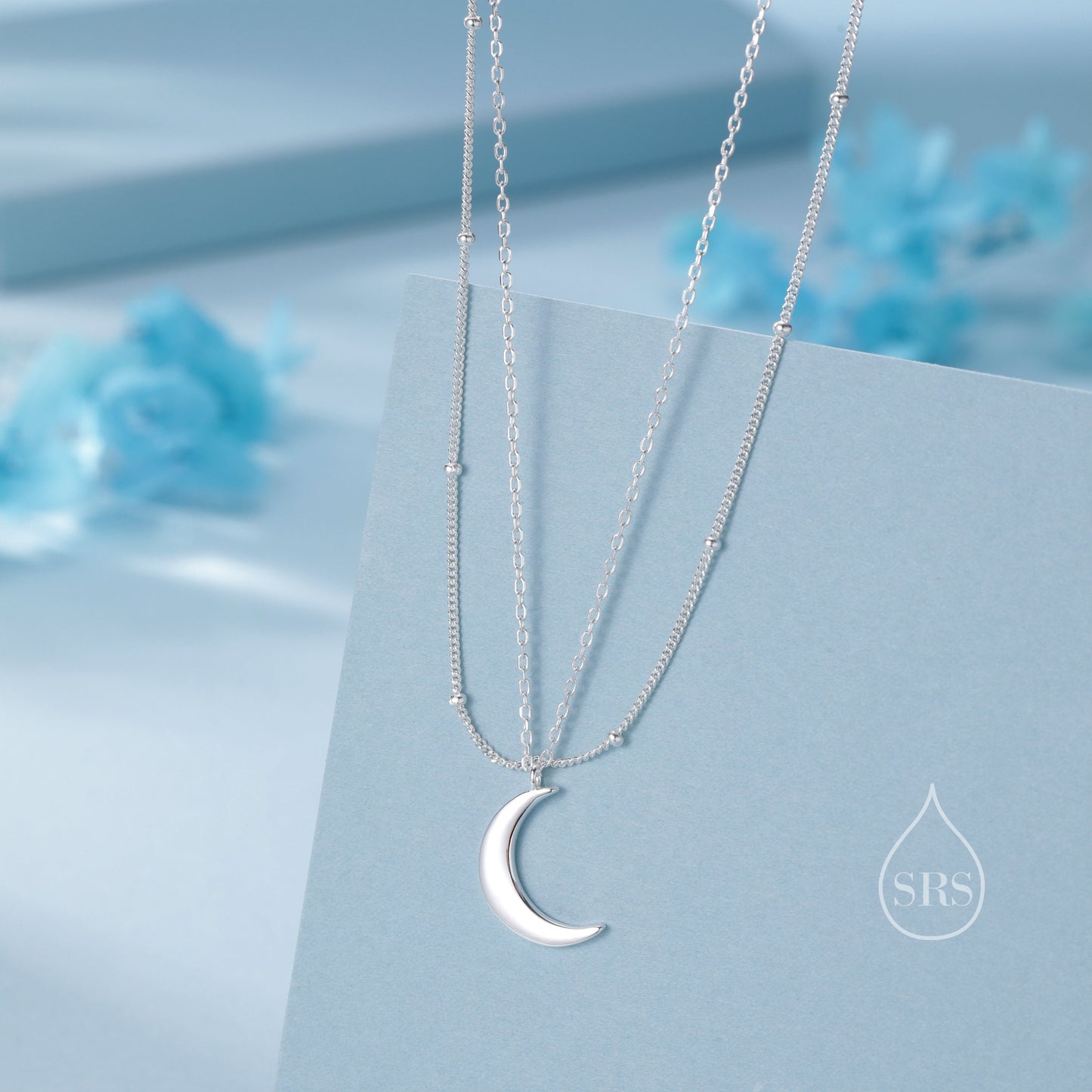 Double Layer Crescent Moon Pendant Necklace in Sterling Silver with a Satellite Chain - New Moon Necklace - Gold or Silver or Rose Gold