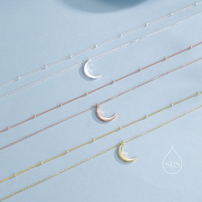 Double Layer Crescent Moon Pendant Necklace in Sterling Silver with a Satellite Chain - New Moon Necklace - Gold or Silver or Rose Gold