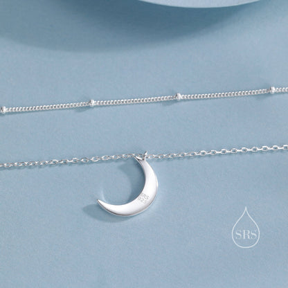 Double Layer Crescent Moon Pendant Necklace in Sterling Silver with a Satellite Chain - New Moon Necklace - Gold or Silver or Rose Gold