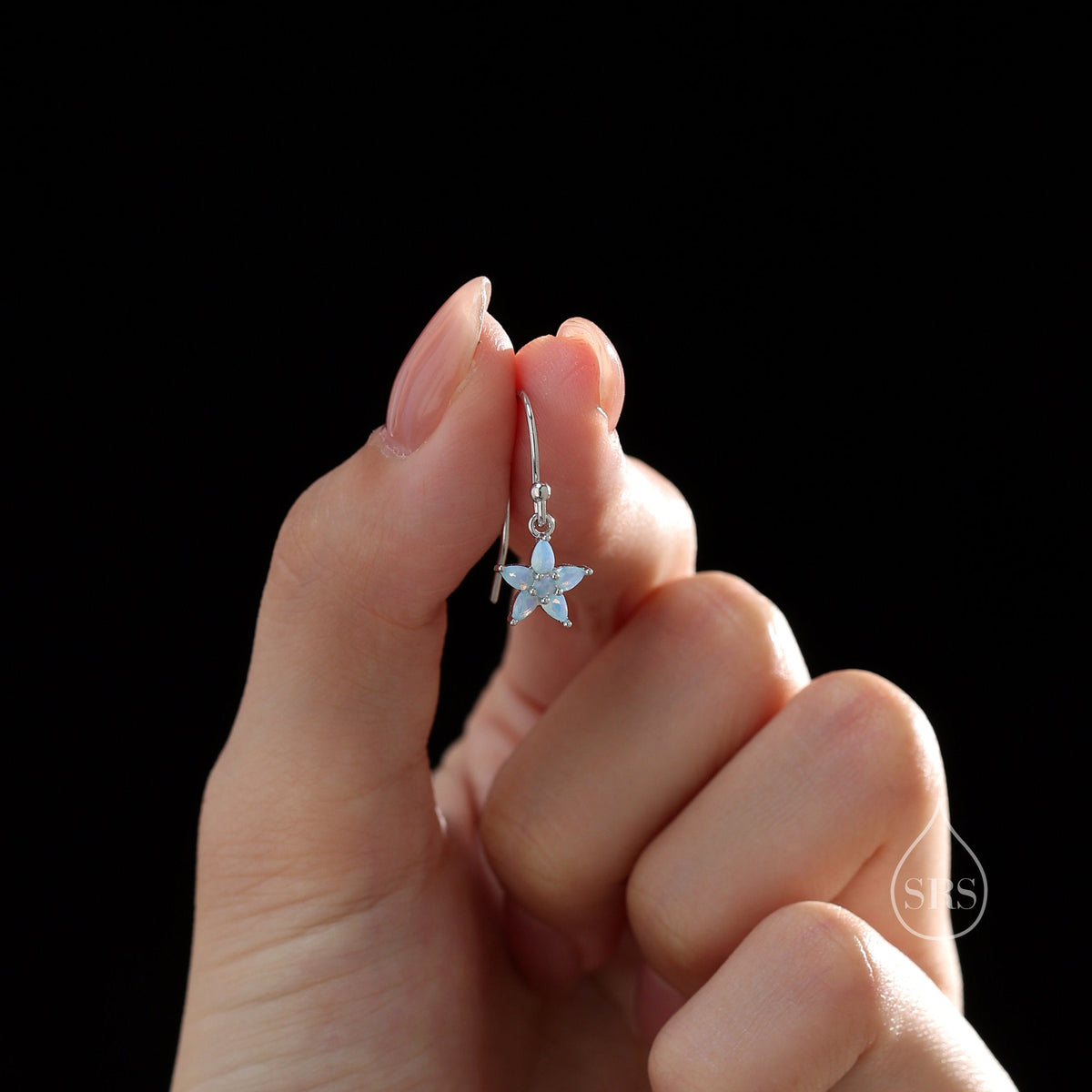Sterling Silver Opal Blue CZ Flower Drop Dangle Earrings, Dainty Dangle Forget Me Not Flower Drop Earrings, Silver CZ Hook Earrings