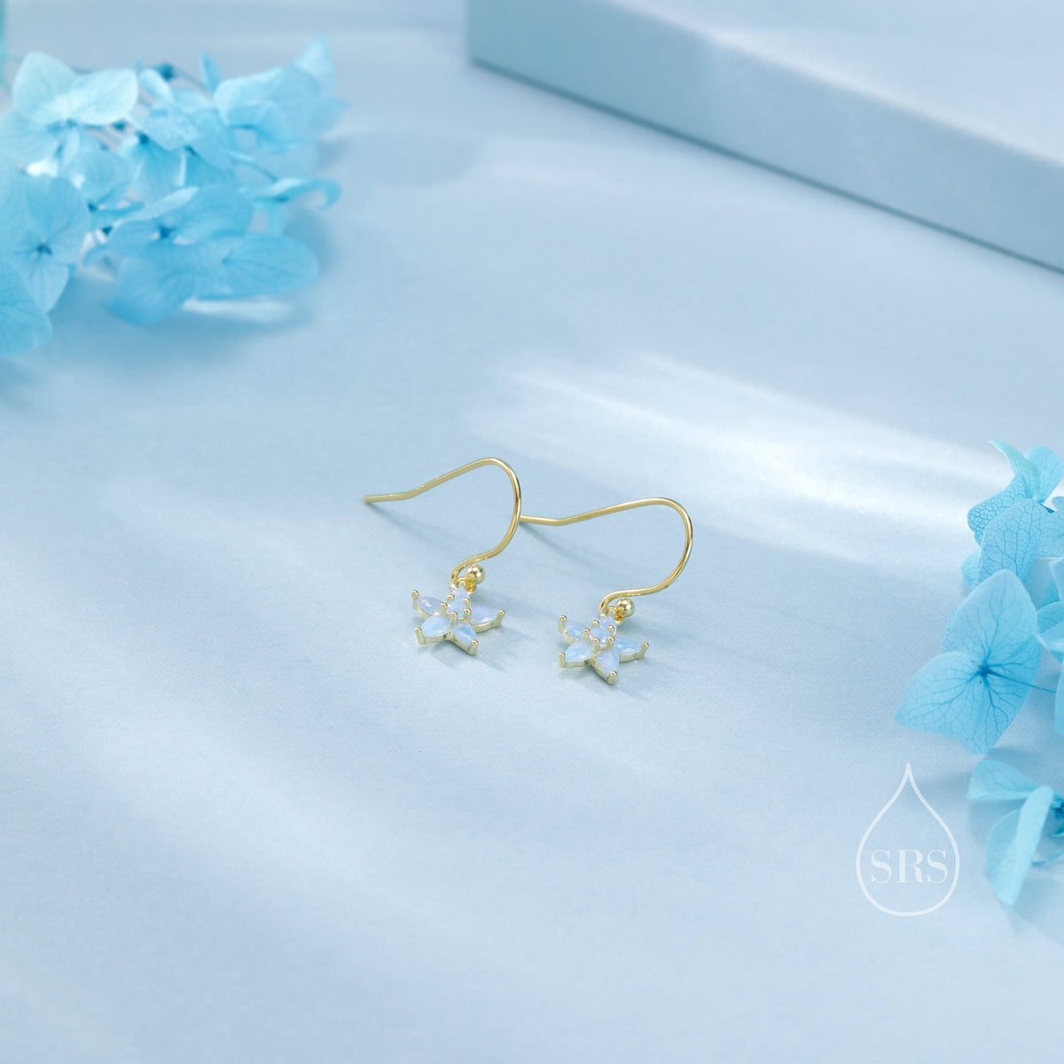 Sterling Silver Opal Blue CZ Flower Drop Dangle Earrings, Dainty Dangle Forget Me Not Flower Drop Earrings, Silver CZ Hook Earrings