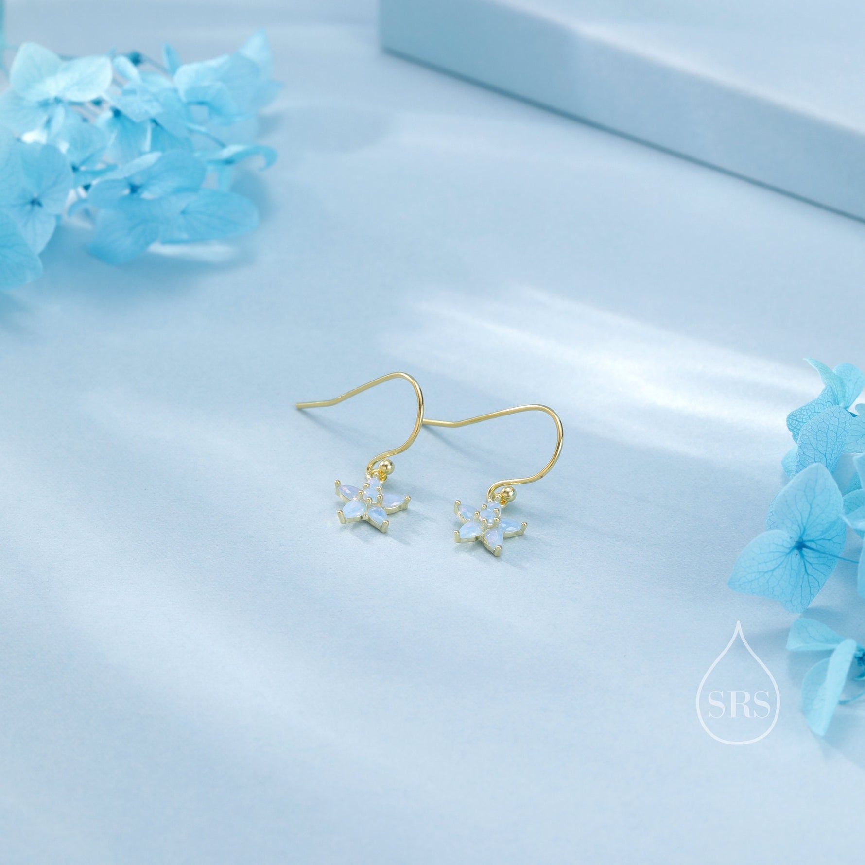 Sterling Silver Opal Blue CZ Flower Drop Dangle Earrings, Dainty Dangle Forget Me Not Flower Drop Earrings, Silver CZ Hook Earrings