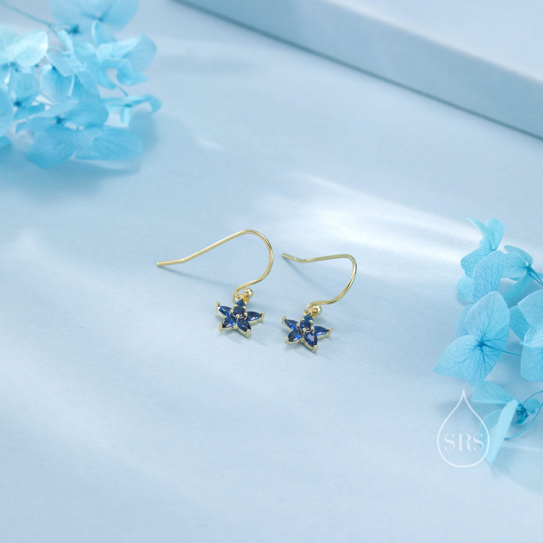 Sterling Silver Sapphire Blue CZ Flower Drop Dangle Earrings, Dainty Dangle Forget Me Not Flower Drop Earrings, Silver CZ Hook Earrings