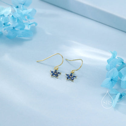 Sterling Silver Sapphire Blue CZ Flower Drop Dangle Earrings, Dainty Dangle Forget Me Not Flower Drop Earrings, Silver CZ Hook Earrings