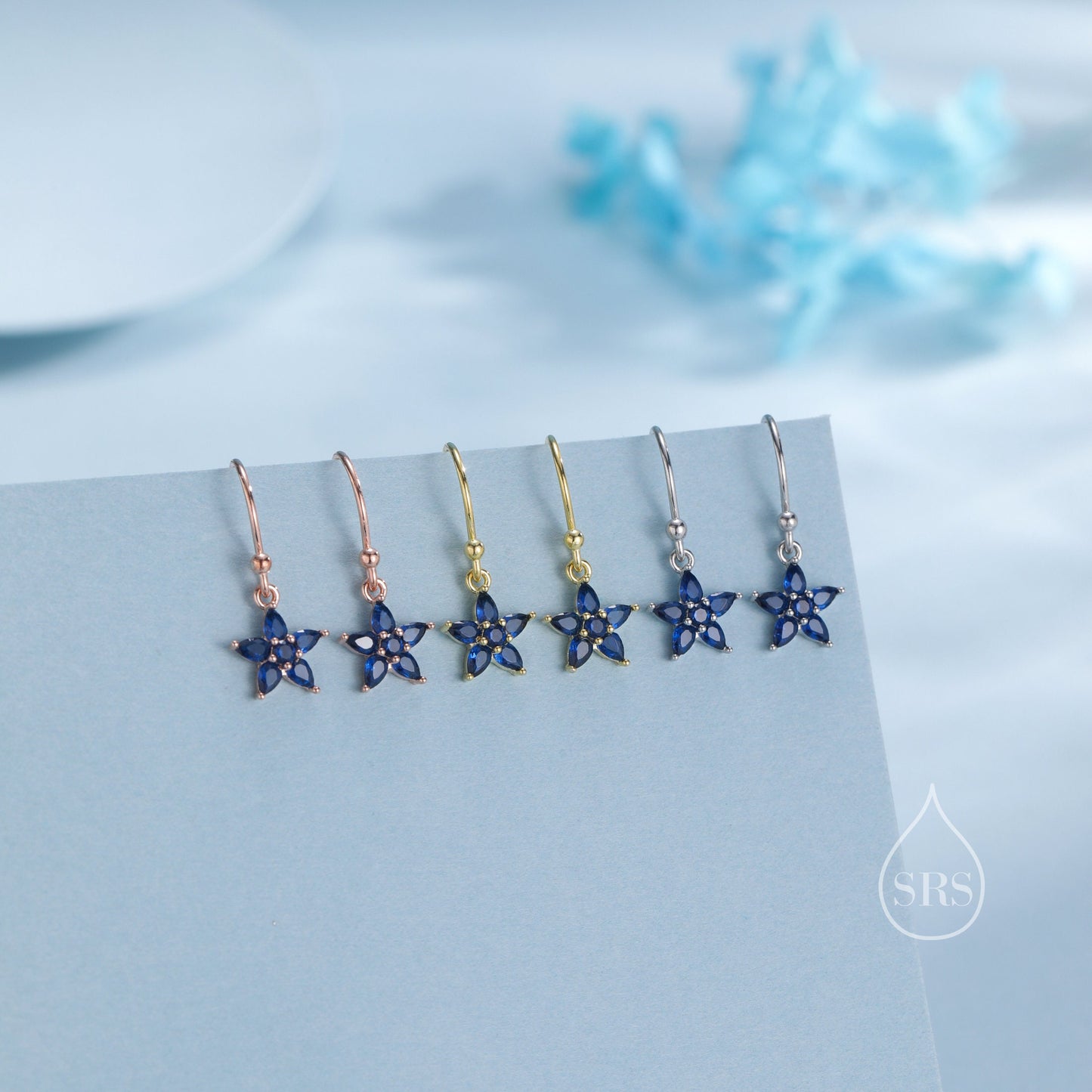 Sterling Silver Sapphire Blue CZ Flower Drop Dangle Earrings, Dainty Dangle Forget Me Not Flower Drop Earrings, Silver CZ Hook Earrings