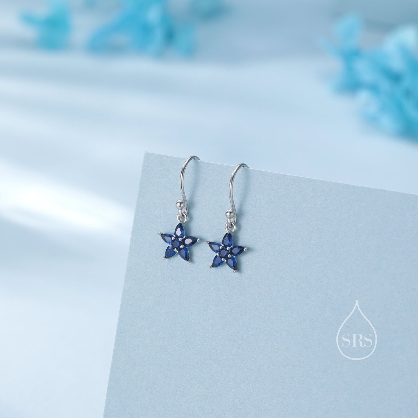 Sterling Silver Sapphire Blue CZ Flower Drop Dangle Earrings, Dainty Dangle Forget Me Not Flower Drop Earrings, Silver CZ Hook Earrings