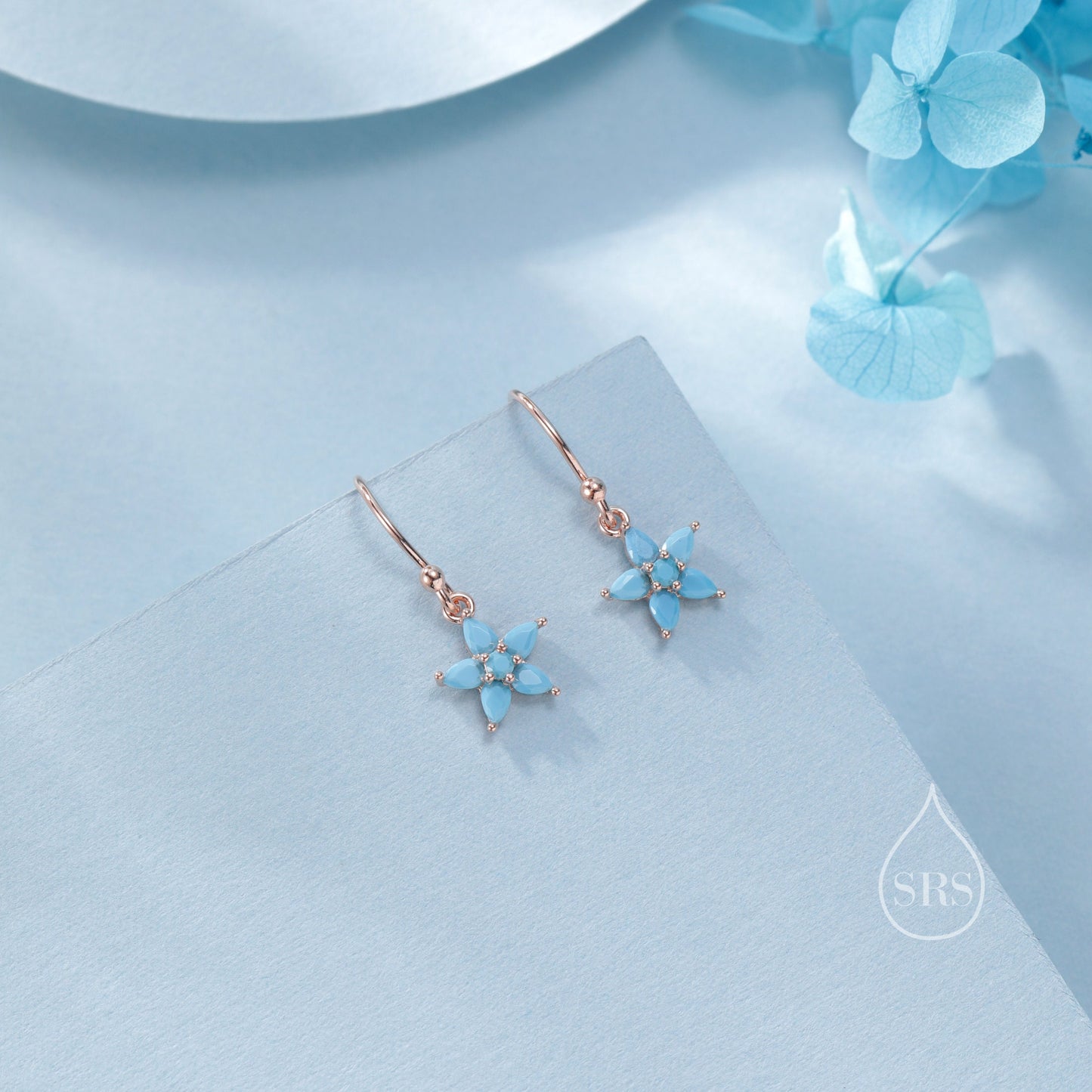 Sterling Silver Turquoise Blue CZ Flower Drop Dangle Earrings, Dainty Dangle Forget Me Not Flower Drop Earrings, Silver CZ Hook Earrings