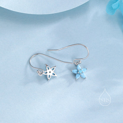 Sterling Silver Turquoise Blue CZ Flower Drop Dangle Earrings, Dainty Dangle Forget Me Not Flower Drop Earrings, Silver CZ Hook Earrings