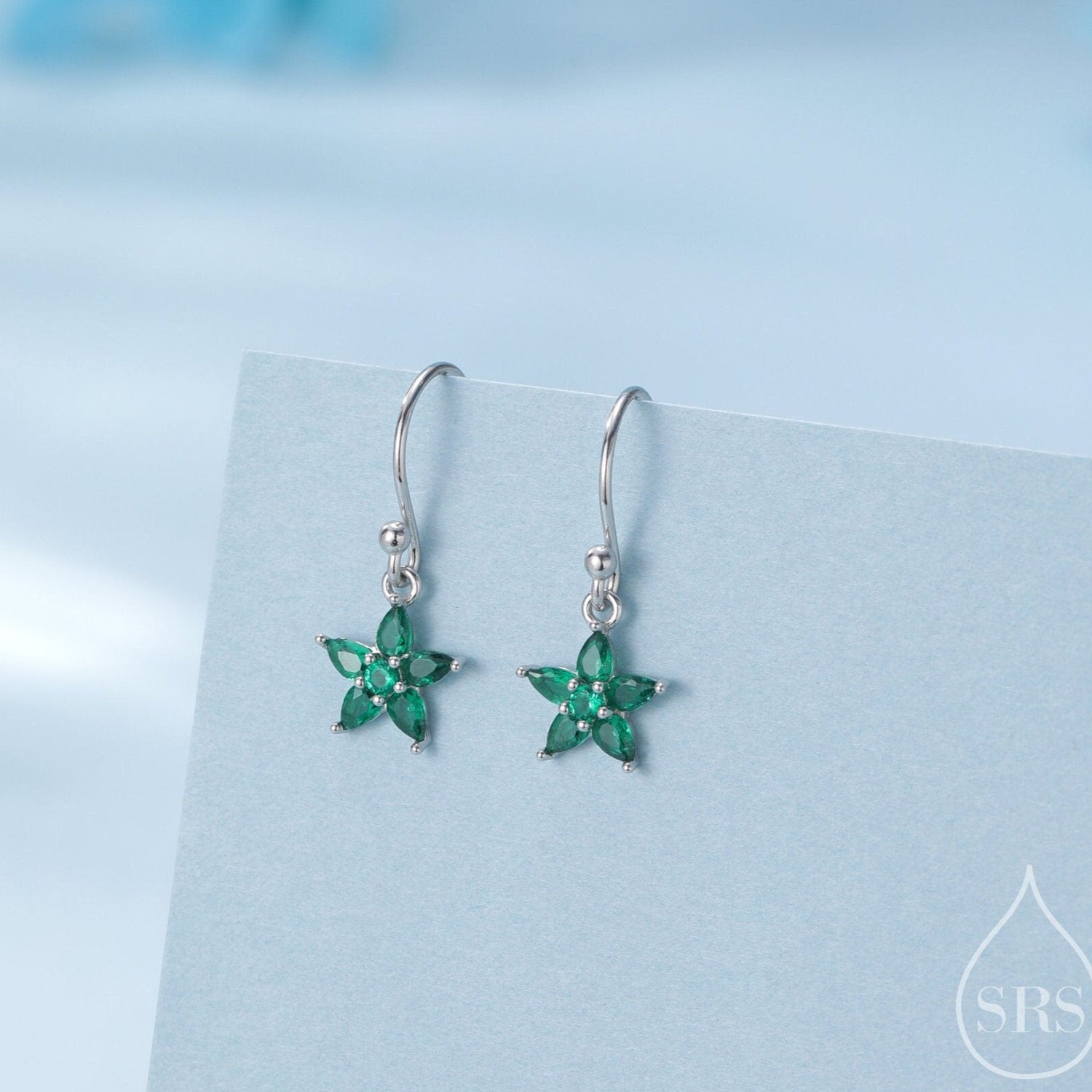 Sterling Silver Emerald Green CZ Flower Drop Dangle Earrings, Dainty Dangle Forget Me Not Flower Drop Earrings, Silver CZ Hook Earrings