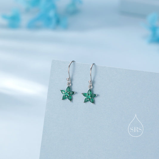 Sterling Silver Emerald Green CZ Flower Drop Dangle Earrings, Dainty Dangle Forget Me Not Flower Drop Earrings, Silver CZ Hook Earrings