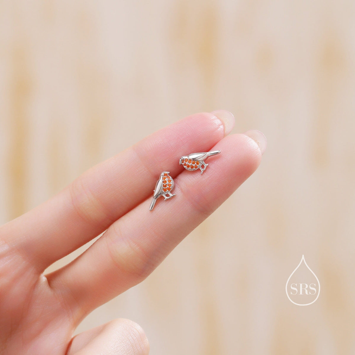 Crystal Robin Bird Stud Earrings in Sterling Silver, British Bird Earrings, Nature Inspired Animal Earrings, CZ Robin Stud