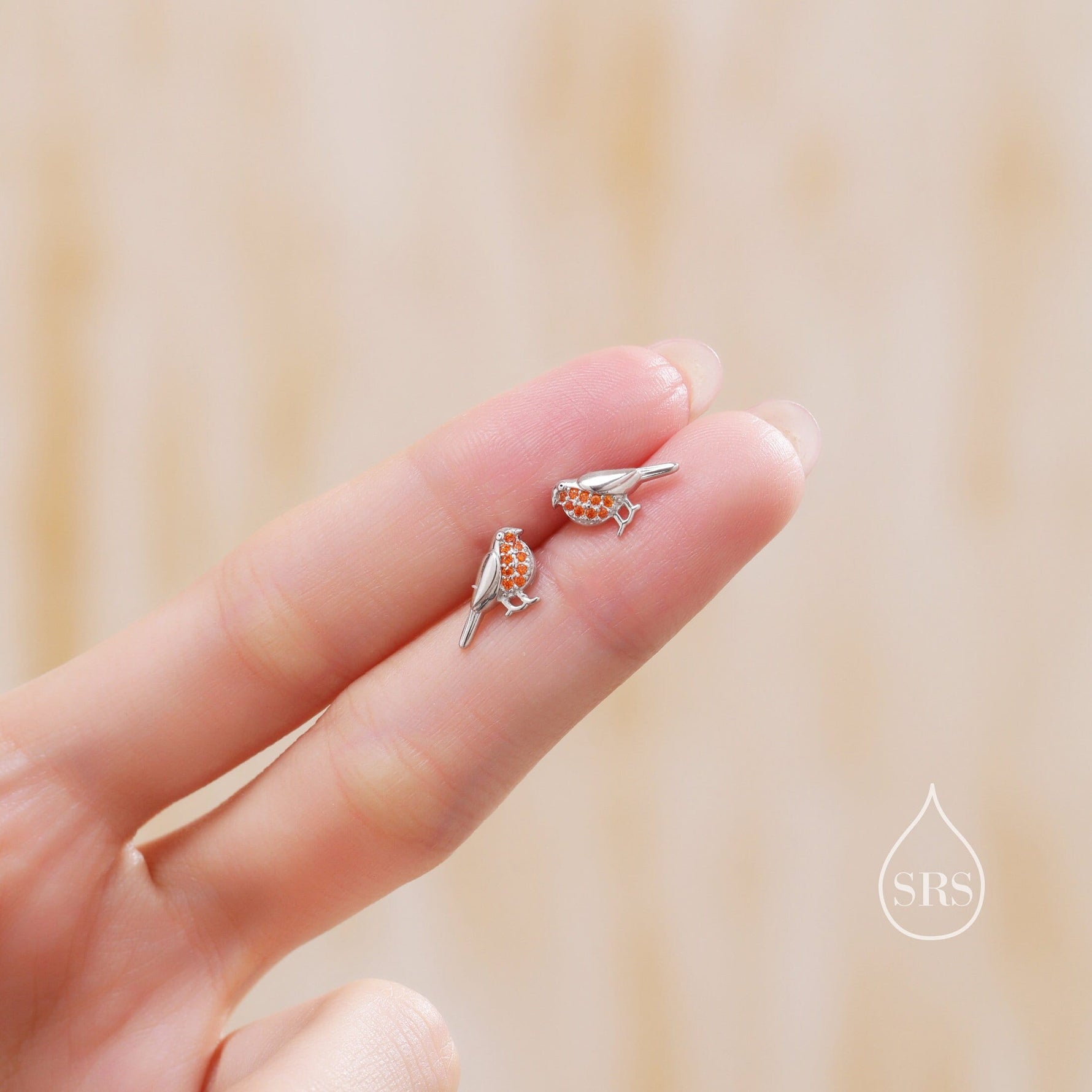 Crystal Robin Bird Stud Earrings in Sterling Silver, British Bird Earrings, Nature Inspired Animal Earrings, CZ Robin Stud