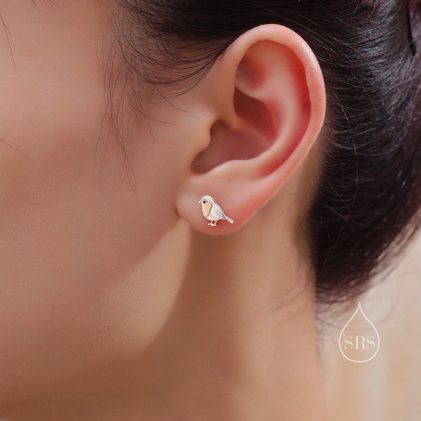 Baby Robin Bird Stud Earrings in Sterling Silver, Partial Rose Gold Coating, British Bird Earrings, Nature Inspired Animal Earrings