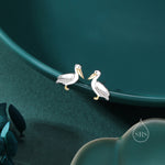 Pelican Bird Stud Earrings in Sterling Silver, Partial Gold Plate, Nature Inspired Animal Earrings, Pelican Earrings, Bird Earrings