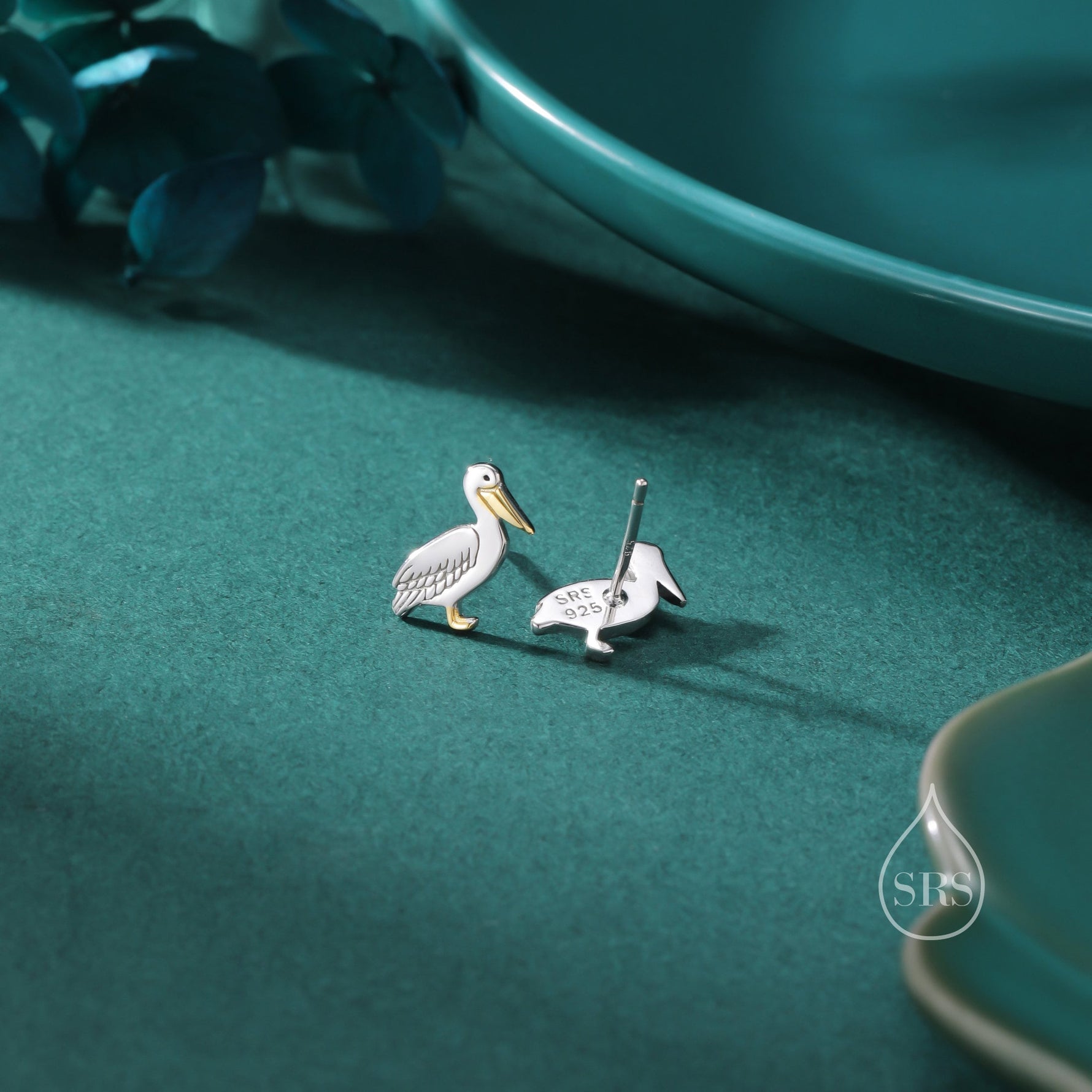 Pelican Bird Stud Earrings in Sterling Silver, Partial Gold Plate, Nature Inspired Animal Earrings, Pelican Earrings, Bird Earrings