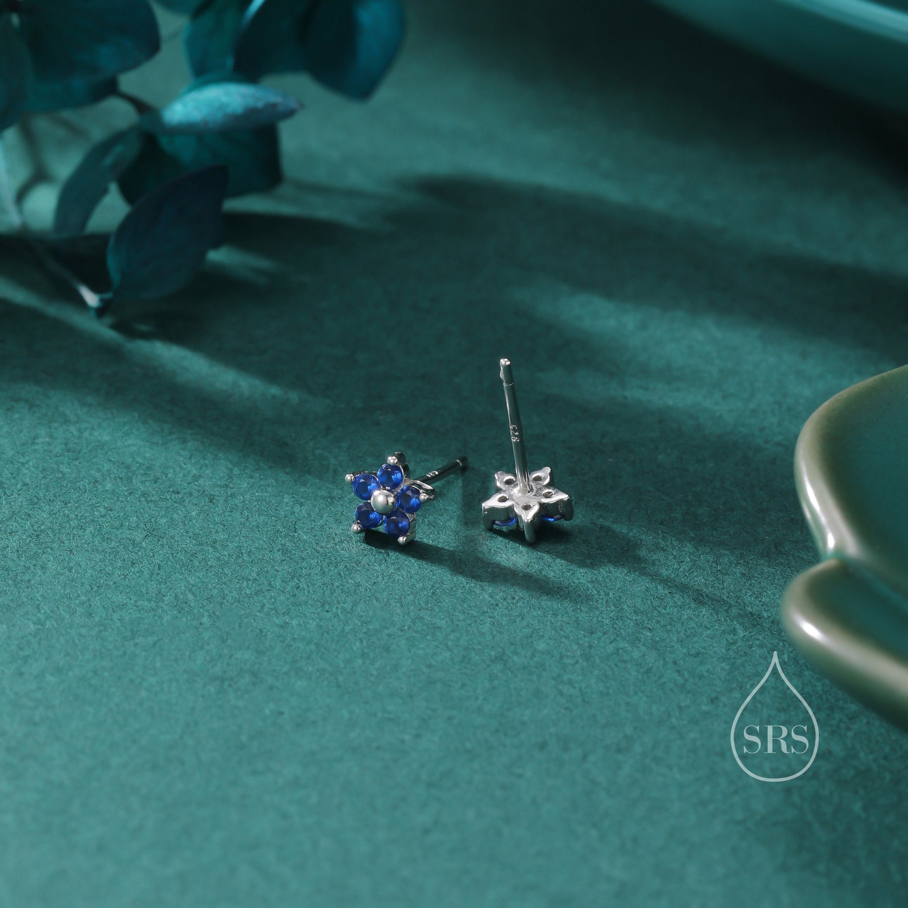 Tiny Sapphire Blue CZ Flower Stud Earrings in Sterling Silver, Silver or Gold, Blue CZ Flower Stud Earrings, Forget me not Flower Earrings