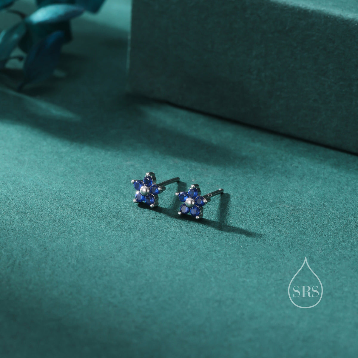 Tiny Sapphire Blue CZ Flower Stud Earrings in Sterling Silver, Silver or Gold, Blue CZ Flower Stud Earrings, Forget me not Flower Earrings