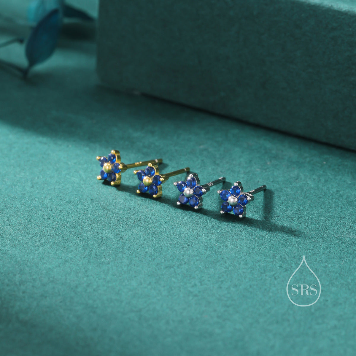Tiny Sapphire Blue CZ Flower Stud Earrings in Sterling Silver, Silver or Gold, Blue CZ Flower Stud Earrings, Forget me not Flower Earrings