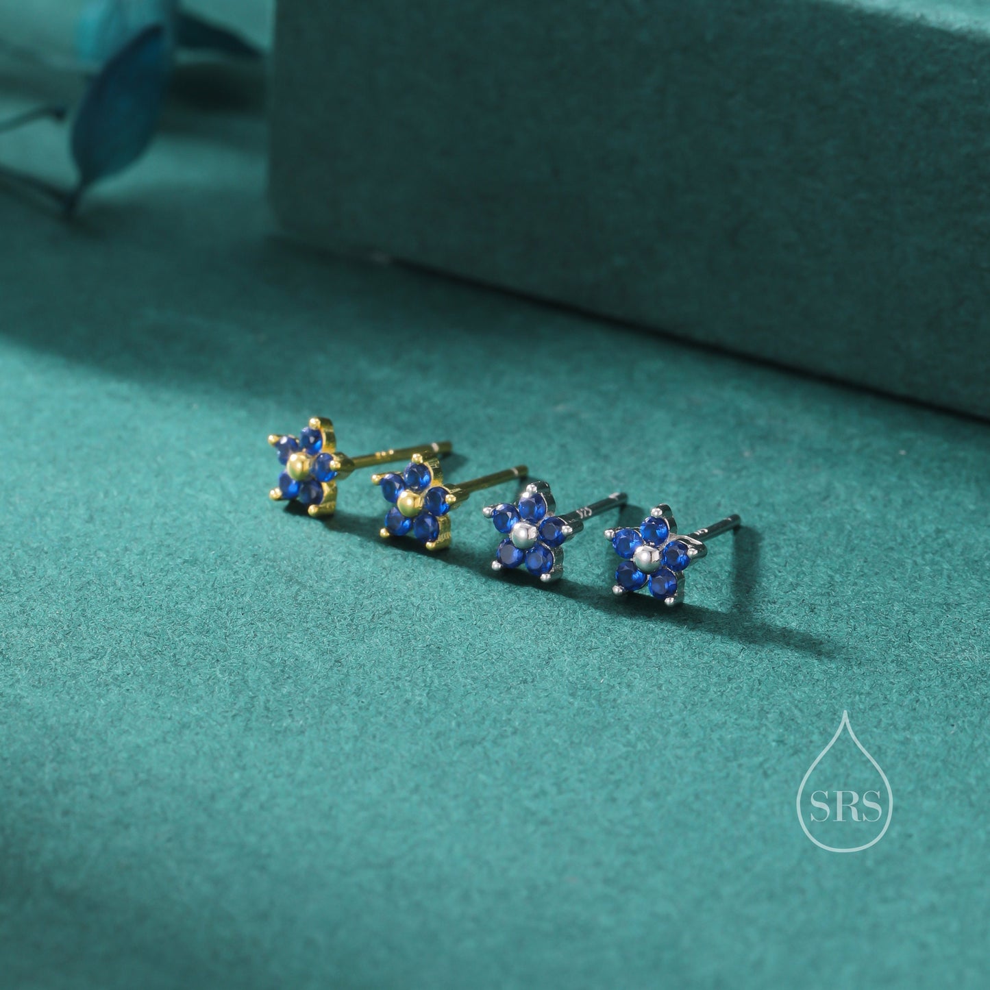 Tiny Sapphire Blue CZ Flower Stud Earrings in Sterling Silver, Silver or Gold,  Blue CZ Flower Stud Earrings, Forget me not Flower Earrings