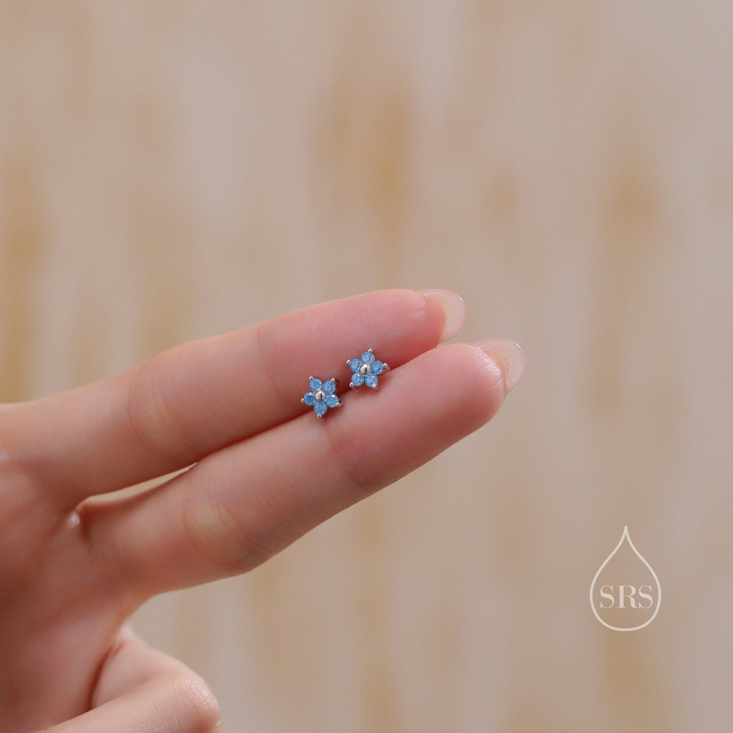 Tiny Blue CZ Flower Stud Earrings in Sterling Silver, Silver or Gold,  Aquamarine Blue CZ Flower Stud Earrings, Forget me not Flower Earring