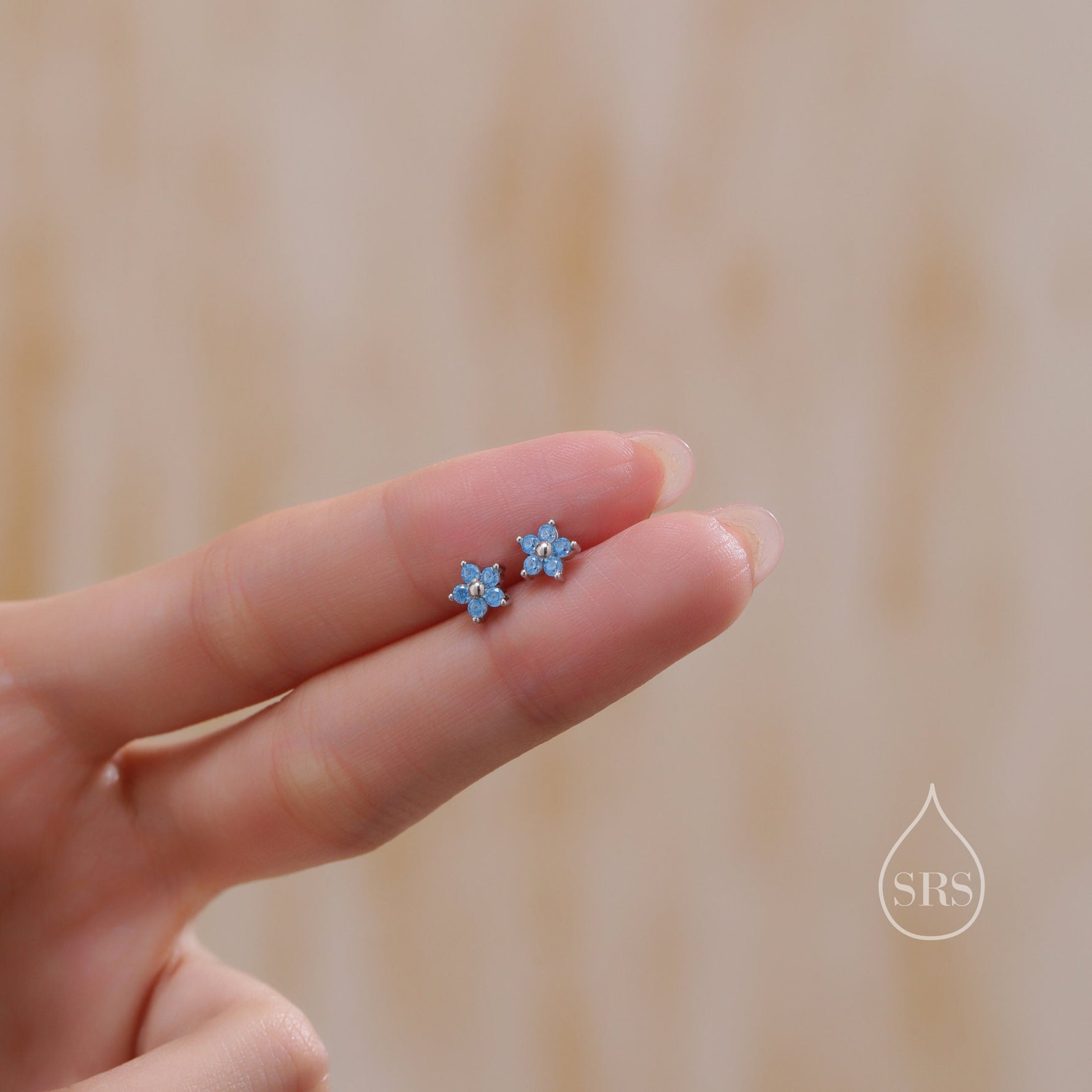 Tiny Blue CZ Flower Stud Earrings in Sterling Silver, Silver or Gold, Aquamarine Blue CZ Flower Stud Earrings, Forget me not Flower Earring