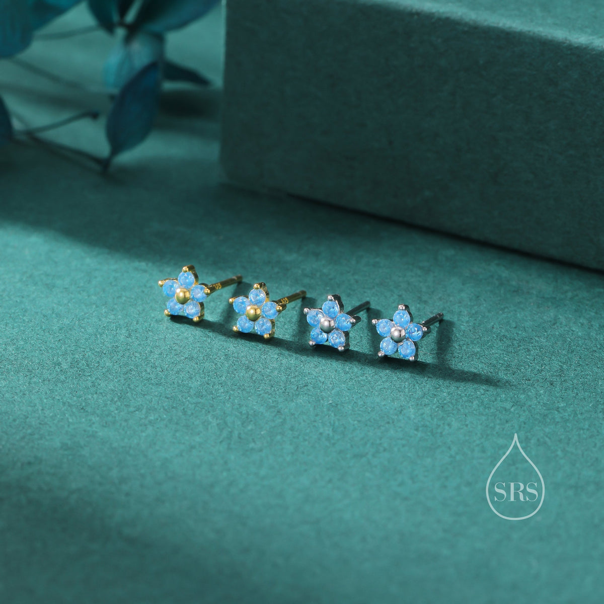Tiny Blue CZ Flower Stud Earrings in Sterling Silver, Silver or Gold, Aquamarine Blue CZ Flower Stud Earrings, Forget me not Flower Earring