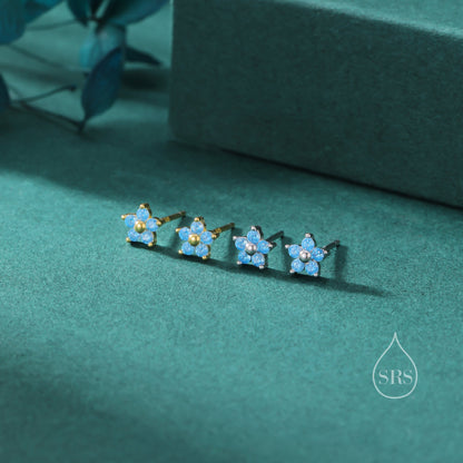 Tiny Blue CZ Flower Stud Earrings in Sterling Silver, Silver or Gold, Aquamarine Blue CZ Flower Stud Earrings, Forget me not Flower Earring