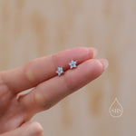 Tiny Opal Blue CZ Flower Stud Earrings in Sterling Silver, Silver or Gold, Blue CZ Flower Stud Earrings, Forget me not Flower Earrings