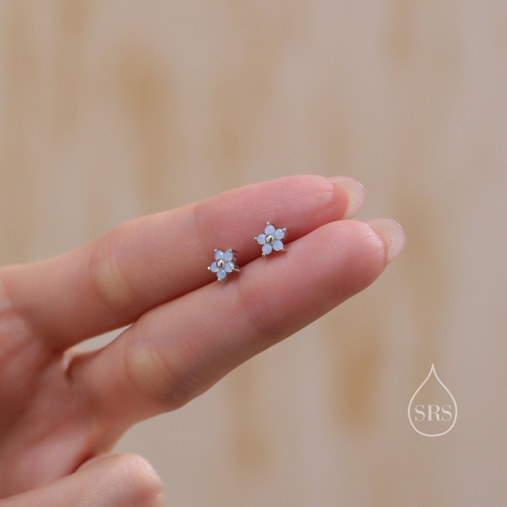 Tiny Opal Blue CZ Flower Stud Earrings in Sterling Silver, Silver or Gold, Blue CZ Flower Stud Earrings, Forget me not Flower Earrings