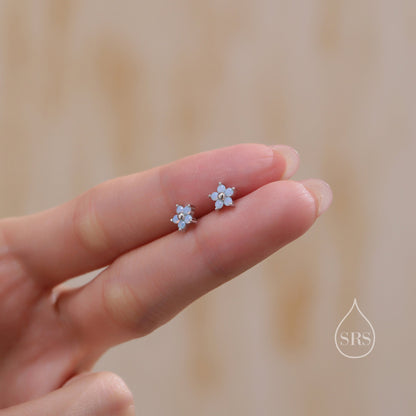 Tiny Opal Blue CZ Flower Stud Earrings in Sterling Silver, Silver or Gold,  Blue CZ Flower Stud Earrings, Forget me not Flower Earrings