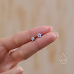 Tiny Opal Blue CZ Flower 16G Internally Threaded Flat Back Earrings in Sterling Silver