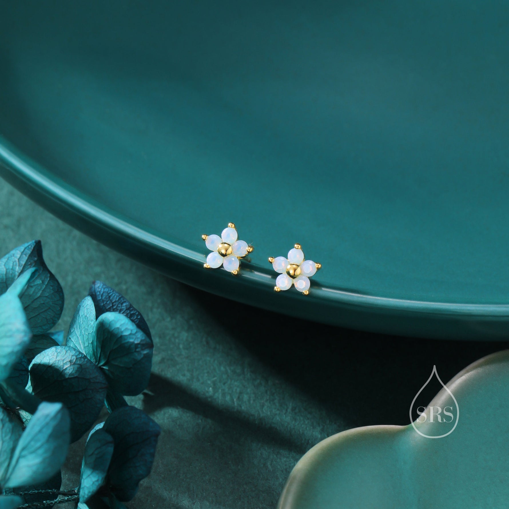 Tiny Opal Blue CZ Flower Stud Earrings in Sterling Silver, Silver or Gold, Blue CZ Flower Stud Earrings, Forget me not Flower Earrings