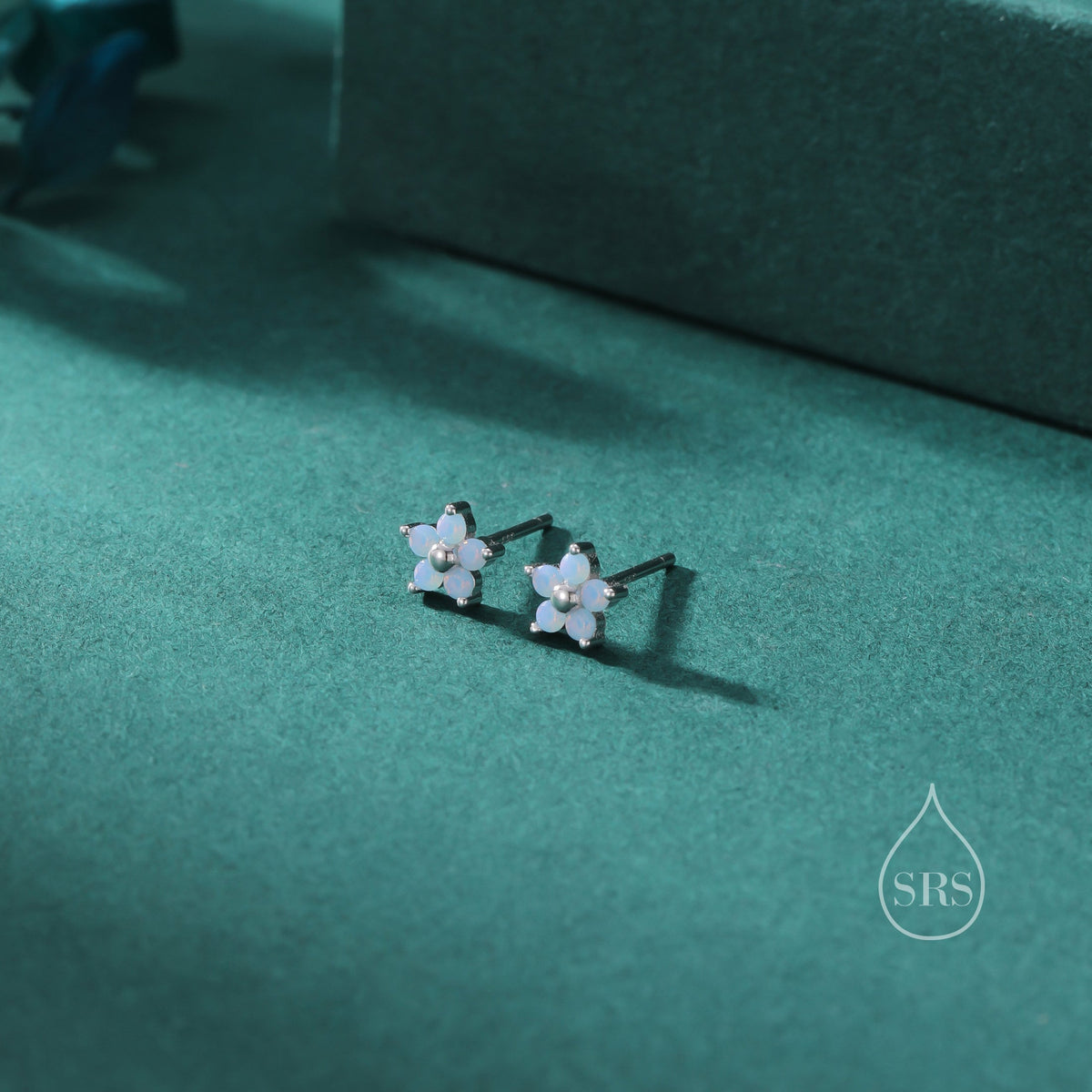Tiny Opal Blue CZ Flower Stud Earrings in Sterling Silver, Silver or Gold, Blue CZ Flower Stud Earrings, Forget me not Flower Earrings