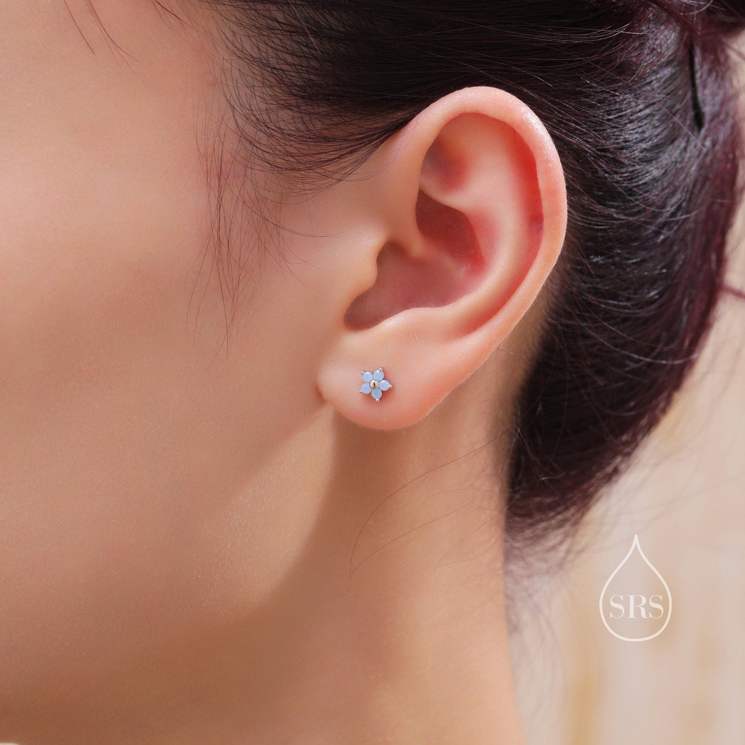 Tiny Opal Blue CZ Flower 16G Internally Threaded Flat Back Earrings in Sterling Silver
