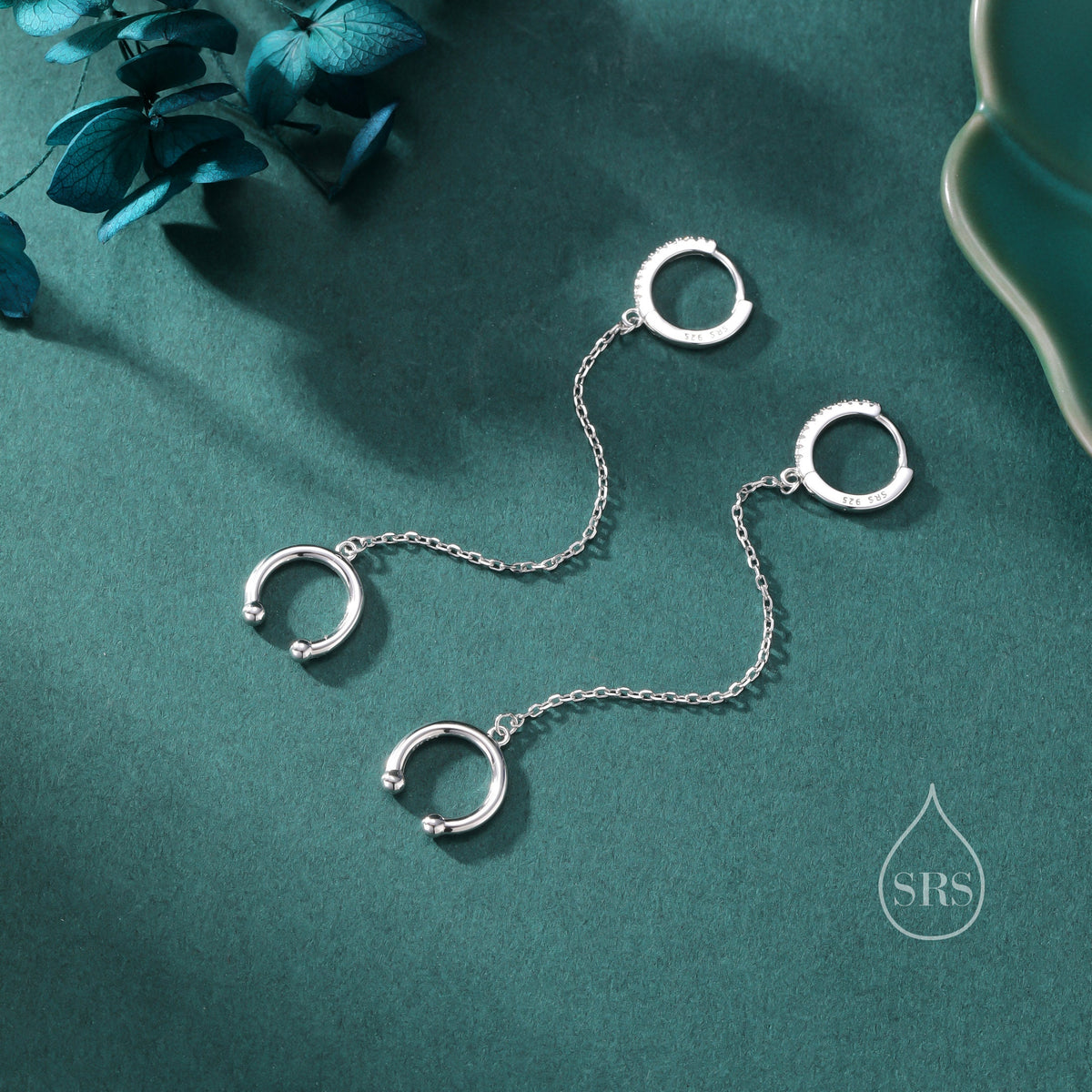 CZ Hoop and Cuff Huggie Hoop Earrings in Sterling Silver, Available in Silver, Gold or Rose Gold, Chain Dangle Earrings, Chain Hoops