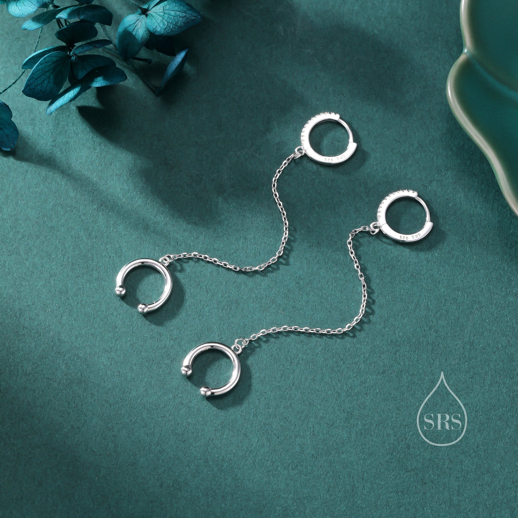 CZ Hoop and Cuff Huggie Hoop Earrings in Sterling Silver, Available in Silver, Gold or Rose Gold, Chain Dangle Earrings, Chain Hoops