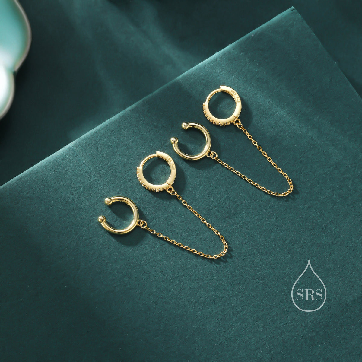CZ Hoop and Cuff Huggie Hoop Earrings in Sterling Silver, Available in Silver, Gold or Rose Gold, Chain Dangle Earrings, Chain Hoops