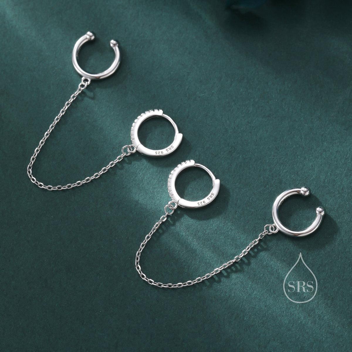 CZ Hoop and Cuff Huggie Hoop Earrings in Sterling Silver, Available in Silver, Gold or Rose Gold, Chain Dangle Earrings, Chain Hoops